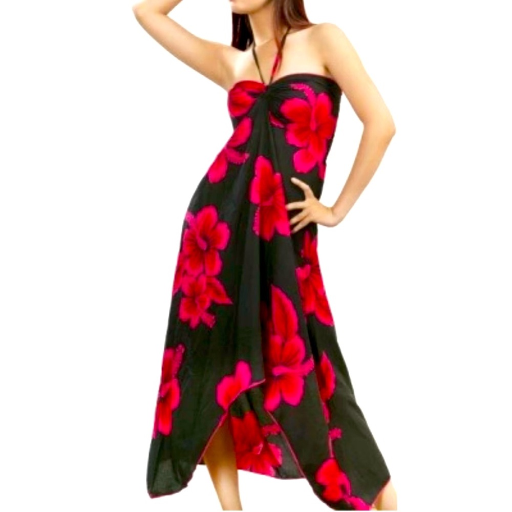 Favant Black with Pink Hibiscus Hawaiian Dress Size Large